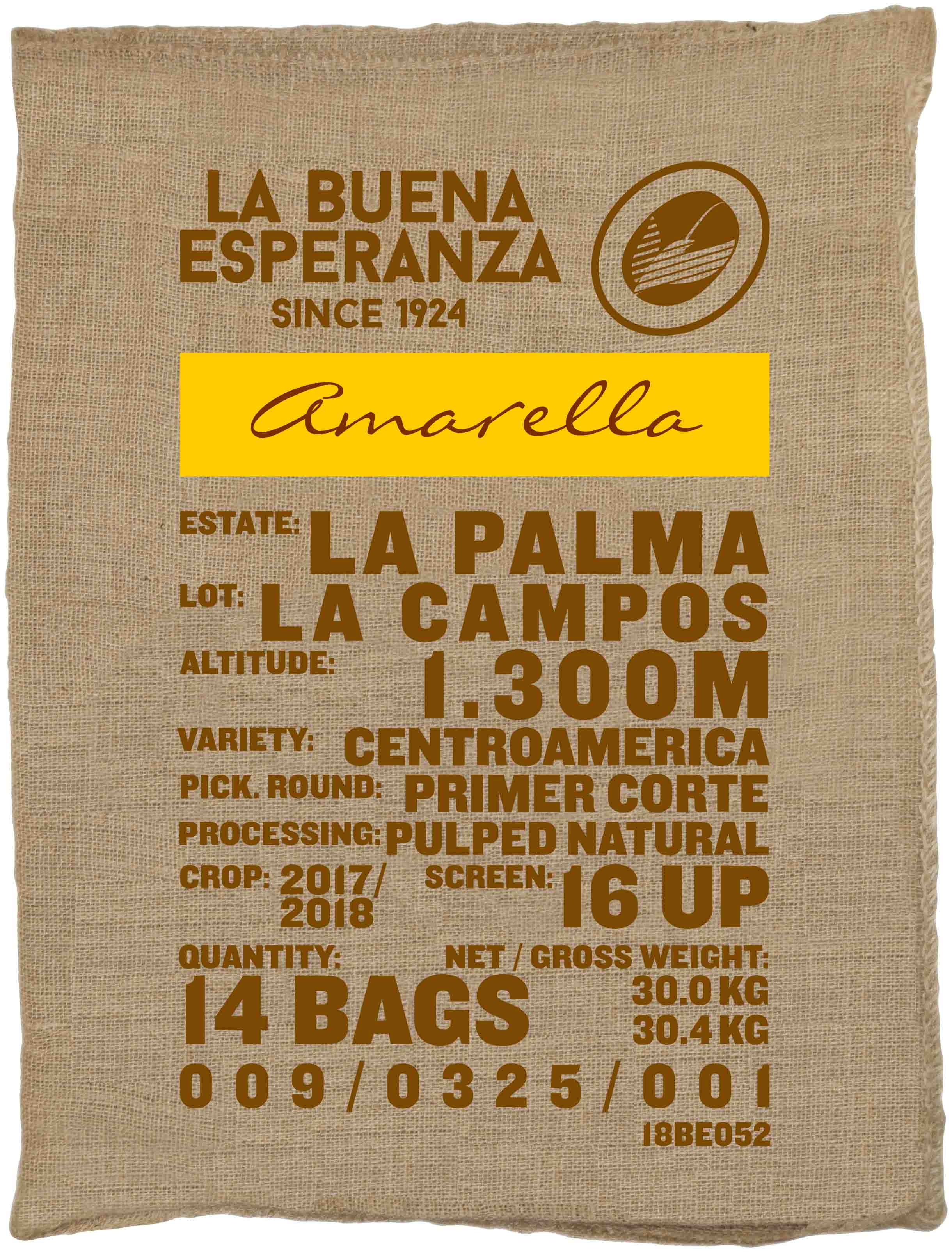 Ein Rohkaffeesack amarella Parzellenkaffee Varietät Centroamerica. Finca La Buena Esperanza Lot La Campos.