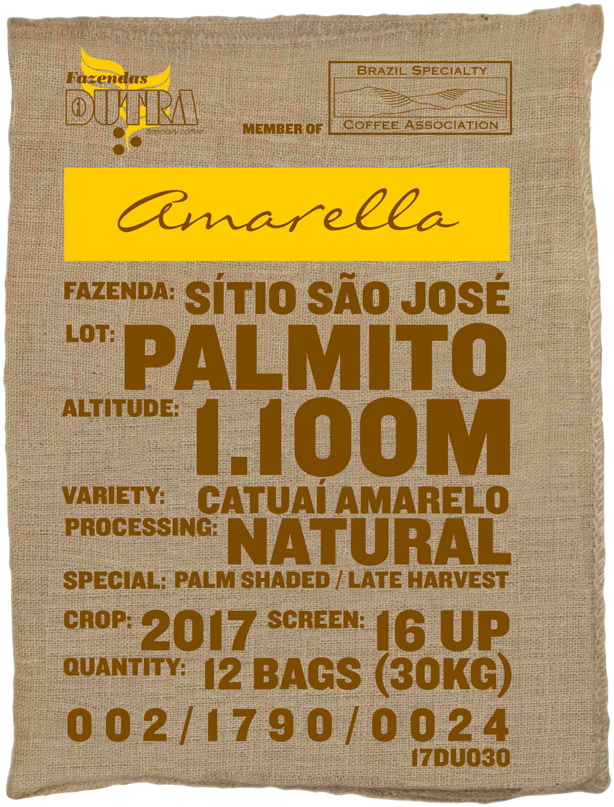 Ein Rohkaffeesack amarella Parzellenkaffee Varietät Catuai amarelo. Fazendas Dutra Lot Palmito.